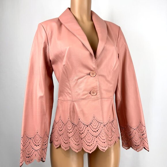 VINTAGE y2k Pink Leather Blazer Jacket Size Large Cropped Laser Cut Buttons - Picture 1 of 9